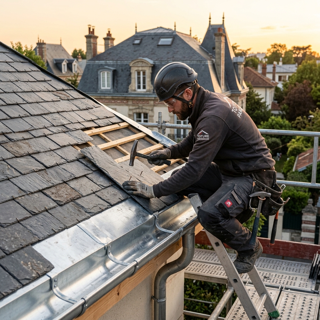 Couvreur Montfermeil rénovation toiture ardoise avec gouttières zinc